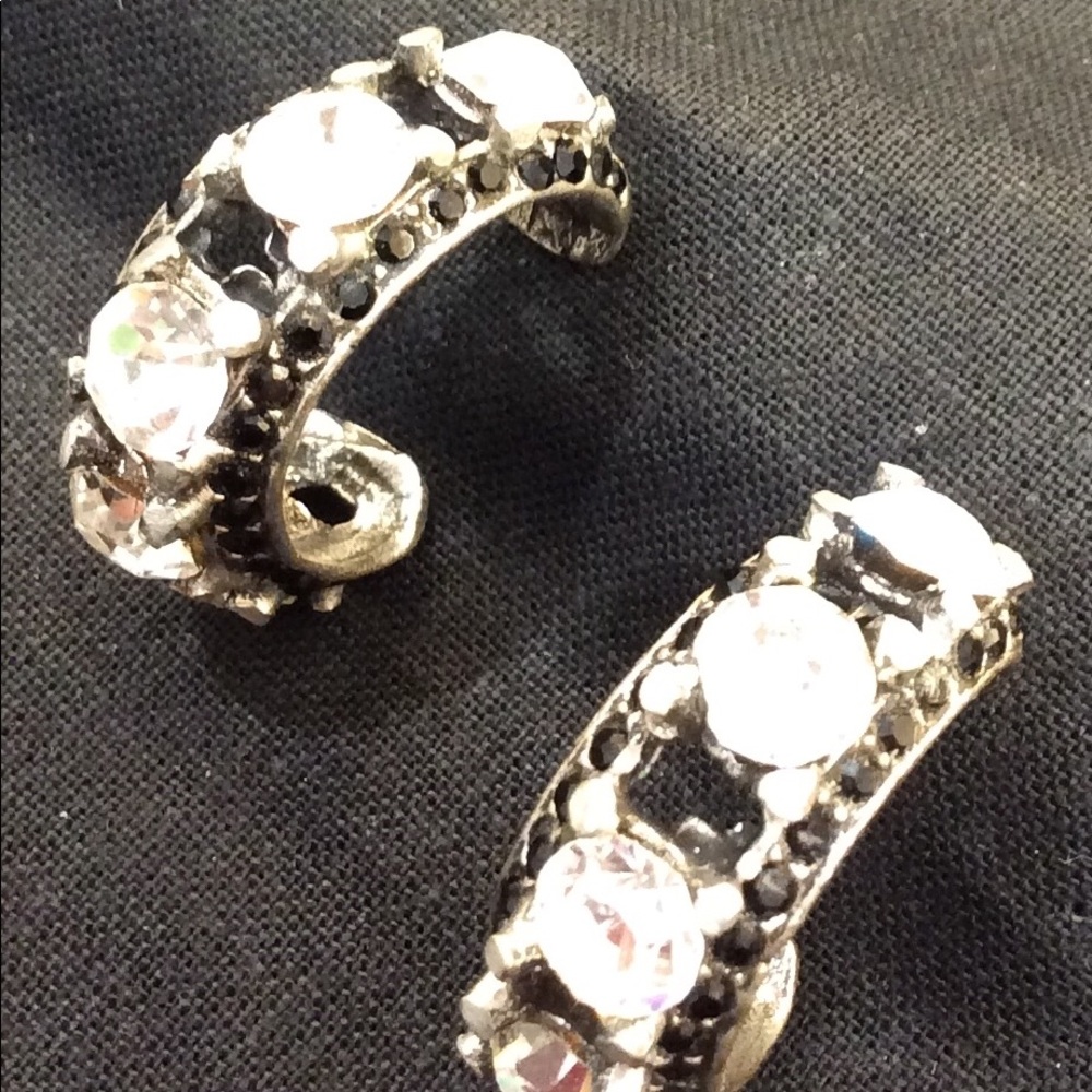 LARGE CZ & BLACK CRYSTAL HOOP EARRINGS
